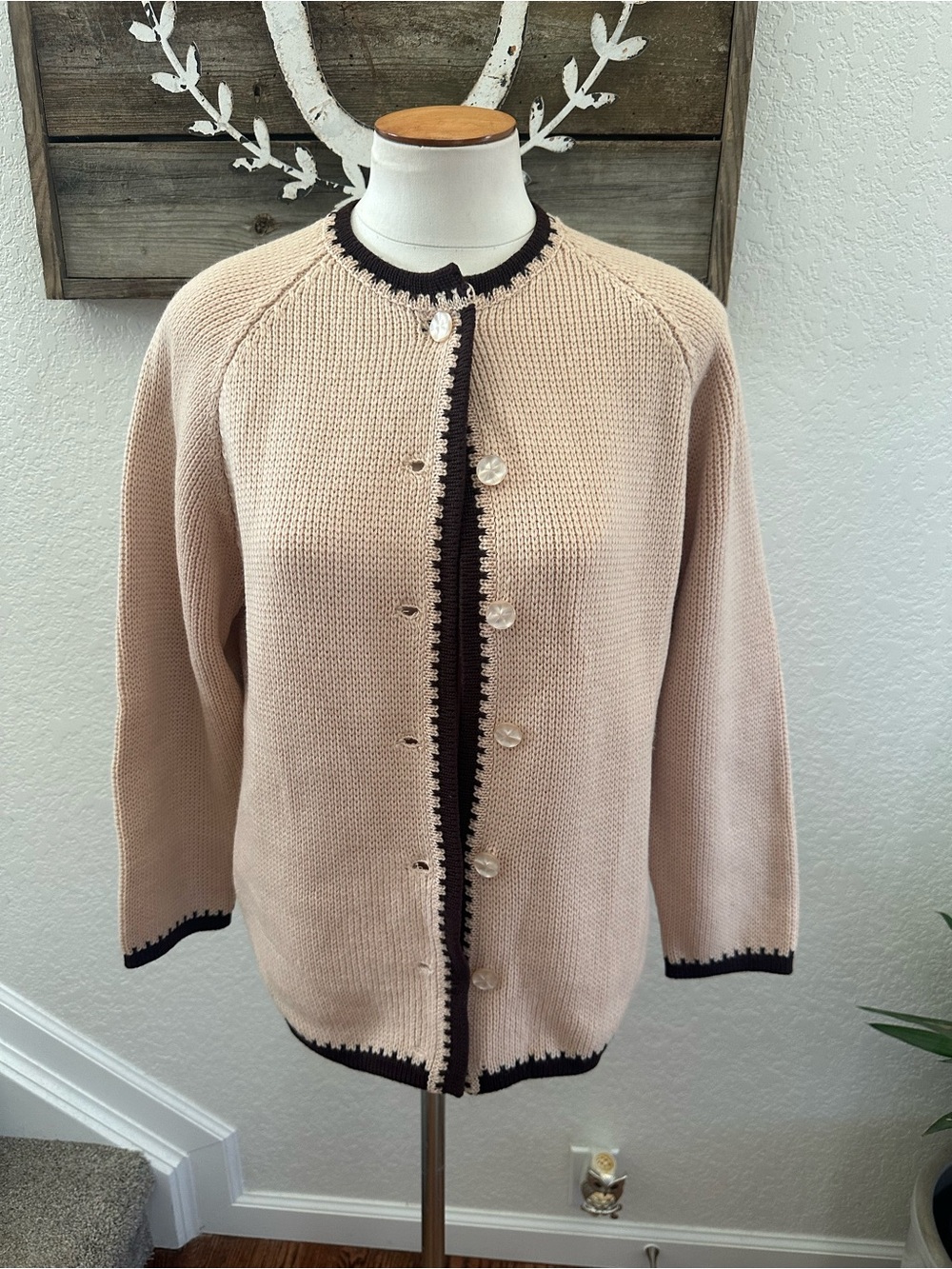 VTG Virgin Wool Classic Crewneck Button Cardigan Sweater Tan with Black Trim